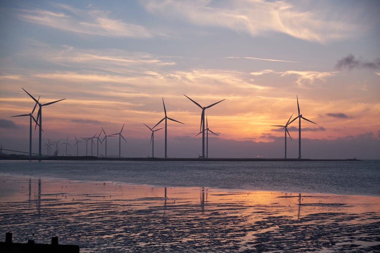 Accueil Wind turbines on the shoreline silhouette against a vibrant sunset, promoting renewable energy.